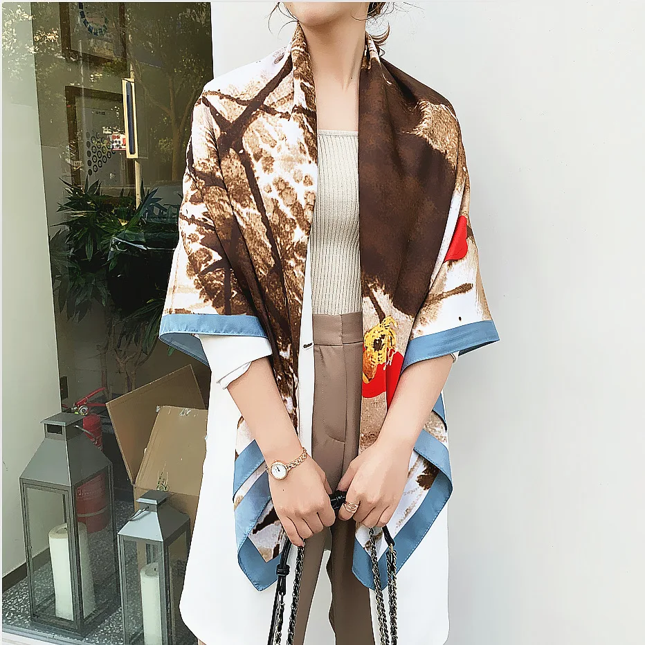 Spring Fashion Silk Scarf Women Shawl Chinese brush painting Square Echarpes Foulards Femme Wrap Bandanna 130*130cm