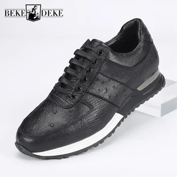 

Mens Ostrich Genuine Leather Sneakers Lace Up Joggers Breathable Trainers Travel Footwear New Man Casual Leather Platform Shoes