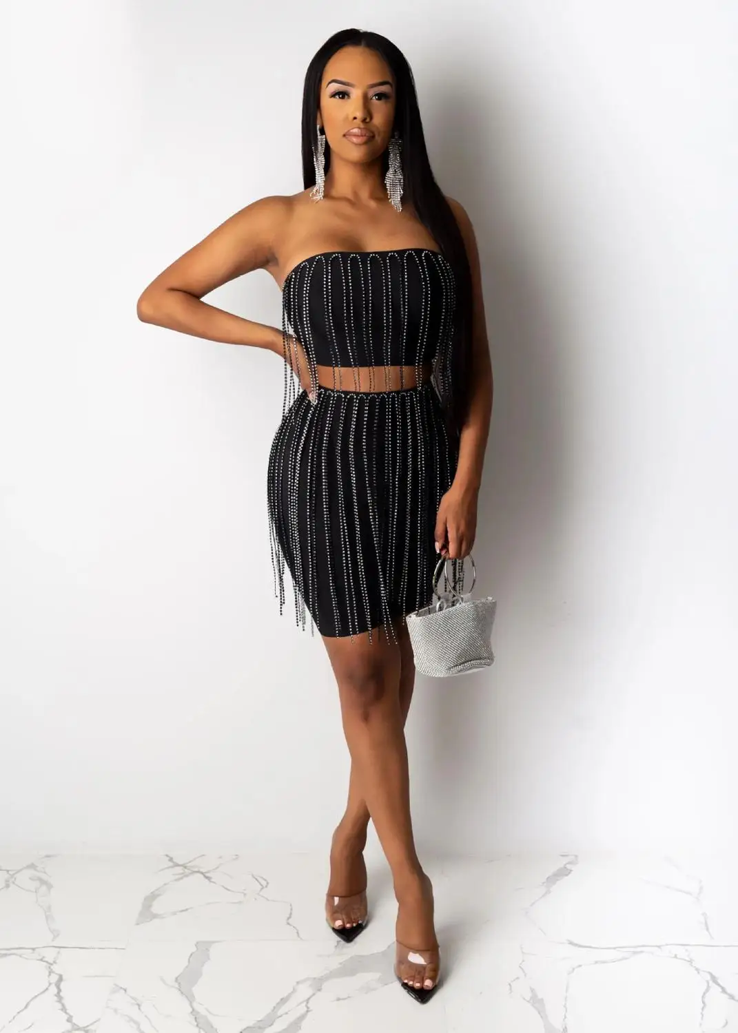 black 2 piece set Adogirl комплект из двух предметов с блестящими кристаллами и кисточками, платье без бретелек, топ-труба, облегающая мини-юбка, женские модные сексуальные вечерние костюмы для ночного клуба - Цвет: black 2 piece set