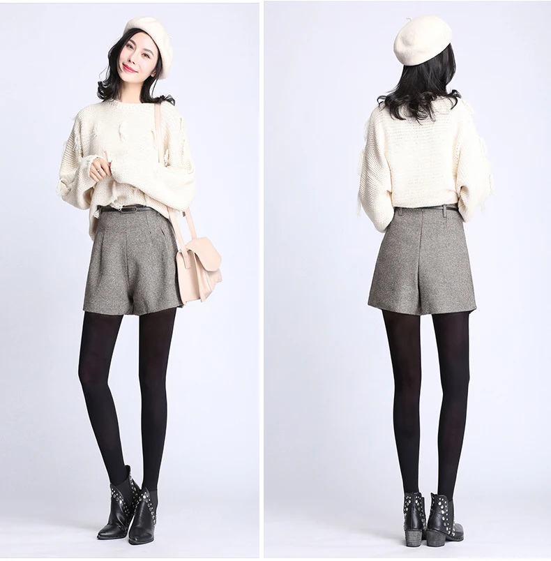 Осенние корейские модные шорты для женщин, Зимние Повседневные широкие шорты для женщин, Свободные шерстяные шорты с высокой талией, широкие женские шорты
