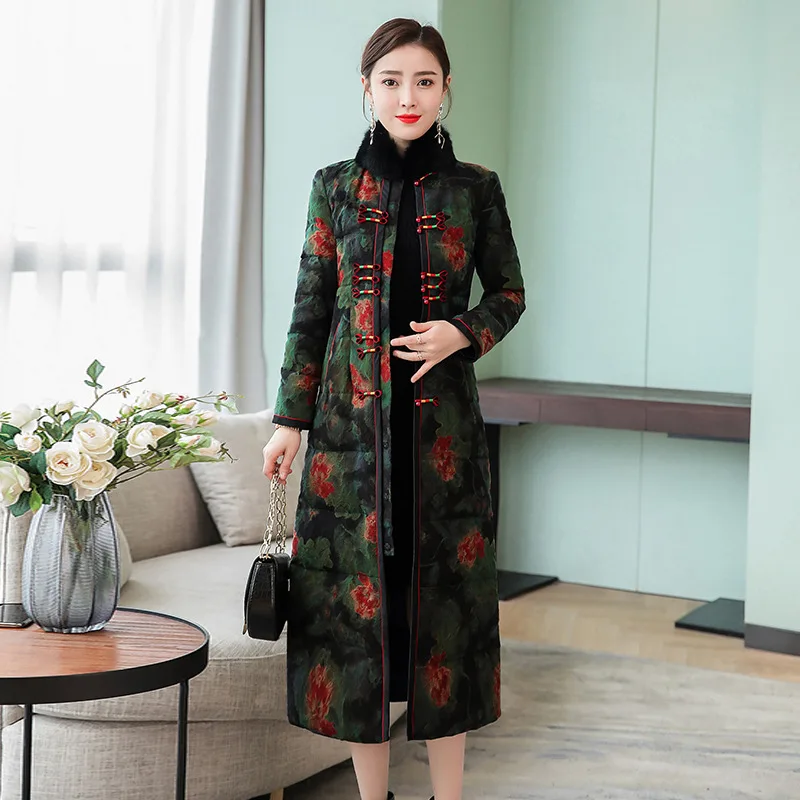 

2019 Winter New Style Real Silk Cotton-padded Clothes Long Retro Middle-aged Women Dress Chinese-style Women's Long Frog Handmad