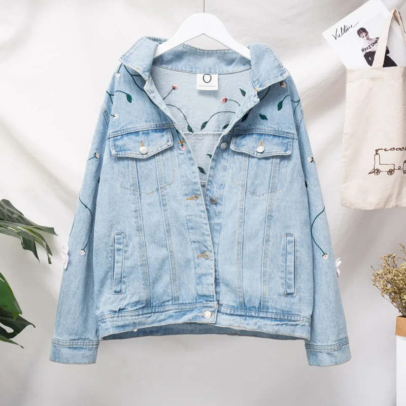 Autumn Plus Size Woman Flower Embroidery Jean Jacket Vintage Large Casual Denim Coat Female Loose Outwear XL -5XL | Женская одежда