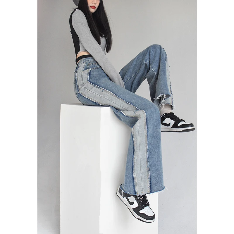 2022 New Designer Flare Pants Women Retro High Waist Denim Pants Stitch Ripped Full Length Trouser Streetwear Fashion Blue Jeans