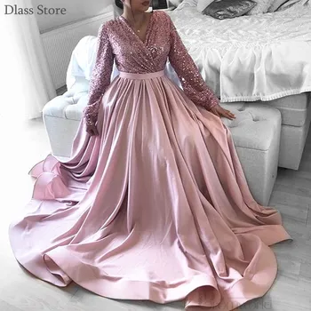 

Dlass Prom Dress Stain A-line Long Sleeves V-neck Simple Sequin Top Floor Length Evening Dress robe de soirée de mariage платье