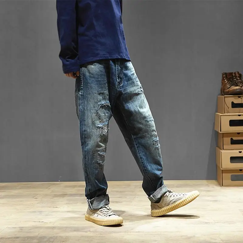 

Savage Japanese Make Old Loose Lacquer Spots Make Old Patches Retro- Jeans Pants New Male in Autumn and Winter