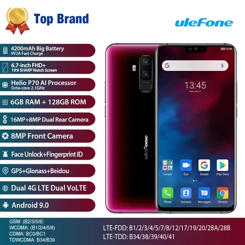 Ulefone Mobile Phone Android 9 0 6 7  19 9 Helio P70 Octa-core 6GB 128GB 4200mAh NFC Wireless Charge 16 0MP Smartphone