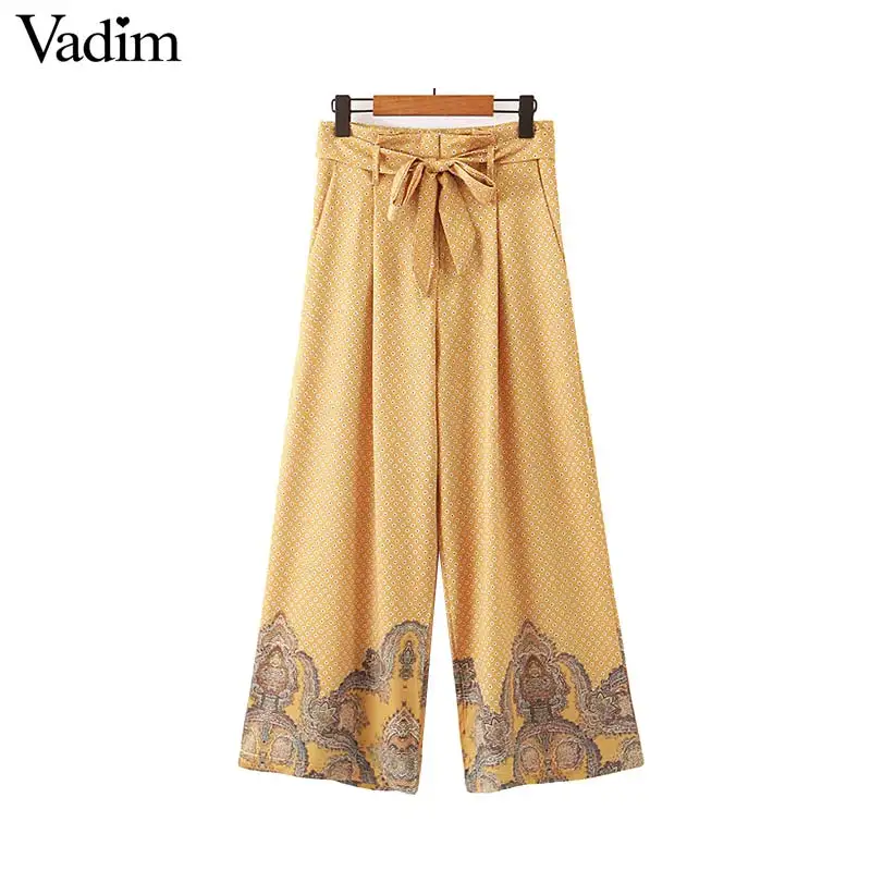 

Vadim women elegant print wide leg pants bow tie sashes pockets zipper fly female casual stylish trousers pantalones KB097