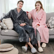 Мужской теплый фланелевый зимний Халат коралловый халат из флиса удлиненный плотный халат для мужчин и женщин, свободное кимоно в клетку, банные халаты