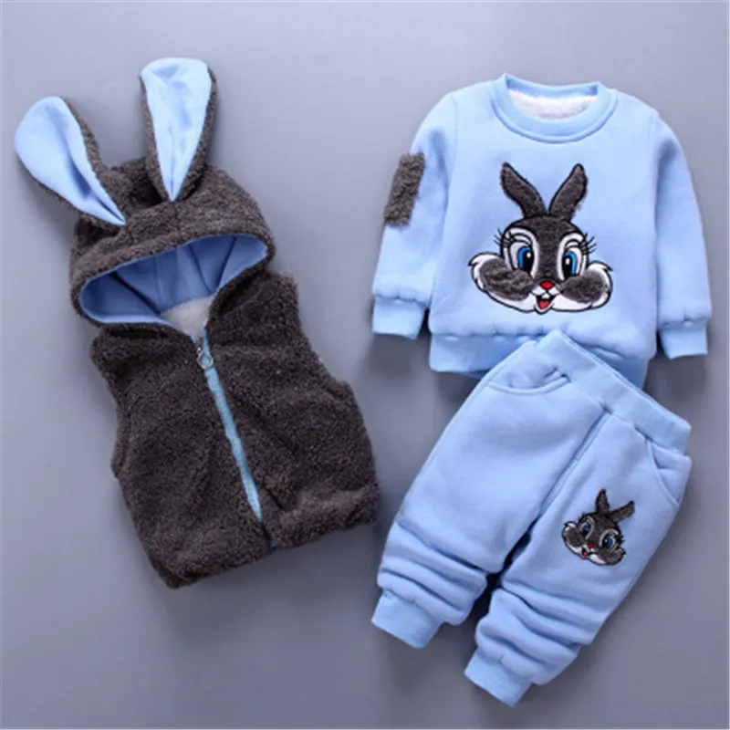 Новая модная зимняя одежда для маленьких мальчиков и девочек хлопковый жилет с рисунком кролика+ топ+ штаны, комплект из 3 предметов с капюшоном детская одежда