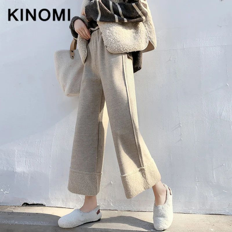 KINOMI, женские зимние повседневные плотные теплые шерстяные брюки, широкие брюки, женские свободные длинные штаны, женские шикарные Femme, новинка
