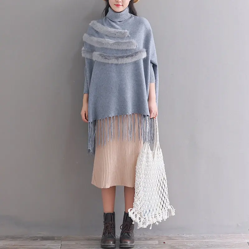 Blue women sweater RICININA, плащ, свитер для женщин,, вязанные пуловеры, шерсть, водолазка, кисточка, однотонный, Pull Femme Hiver, свитера для женщин, Осень-зима - Цвет: Blue women sweater