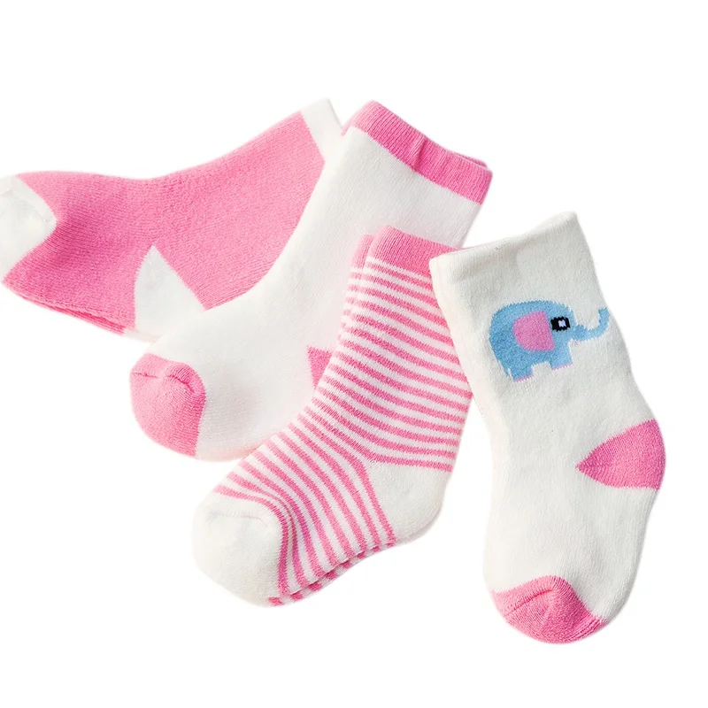 4 pairs/set Baby Socks Cartoon Striped Pattern Socks For 0-3 Years Newborn Infant Boys Girls Soft Socks Cotton Socks - Color: pink