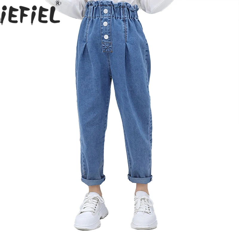 

Kids Denim Trousers Children's Clothing Korean Fashion Buttons High Waist Harem Jeans Pants for Teen Girls 5-14Yrs