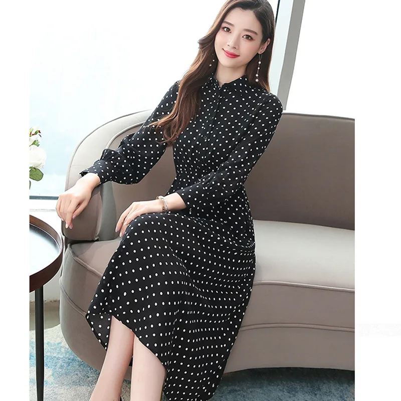 

2019 Hepburn Long Skirts Autumn Clothing Korean-style Long Waist Hugging Slimming Long Sleeve Polka Dot Dress Female Black Elega