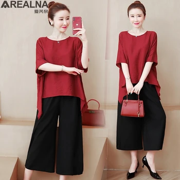 

Plus Size Women's Sets Two Pieces Set Women Oversize Shirt Tops +Loose Casual Wide Leg Pants Short Sleeve Cotton Linen Suits 5XL