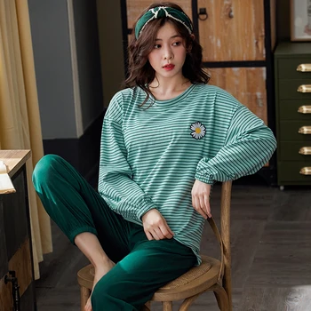 

Young girls night suit female full cotton home clothes long sleeve two-piece set casual loose striped pajamas women pijama mujer