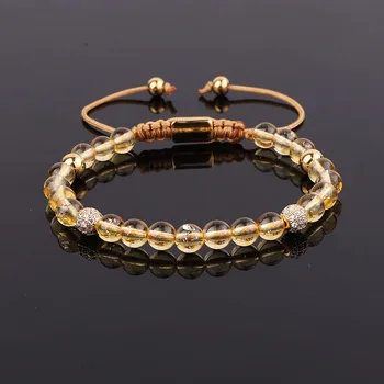 New Design Natural Stone Citrine Crystal Quartz Beads CZ Pave Charm Friendship Macrame Beads Bracelet Women