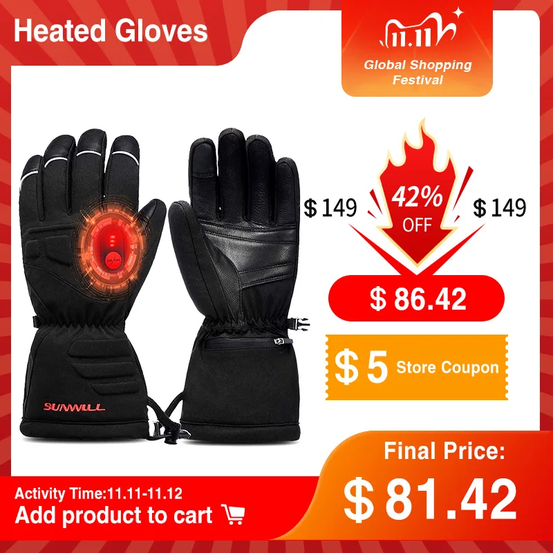 

Sunwill Heated Gloves Electric Battery Rechargeable Electric Heating Skiing Gloves Motorcycle Hiking Cycling Men Women