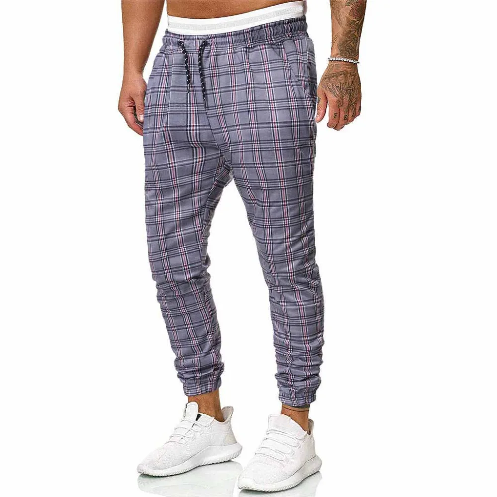 Men's Long Casual Sport Pants Slim Fit Plaid Trousers Running Joggers Sweatpants штаны streetwear pantalones hombre#2O10