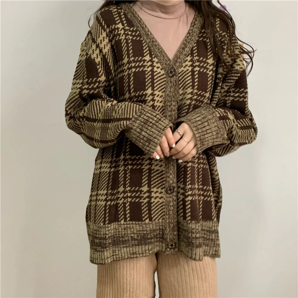 

Autumn Women Red Plaid Sweater Cardigans Korean Japanese Style Girls Leisure V-Neck Mid-Length Sweaters Long Sleeve Knitted