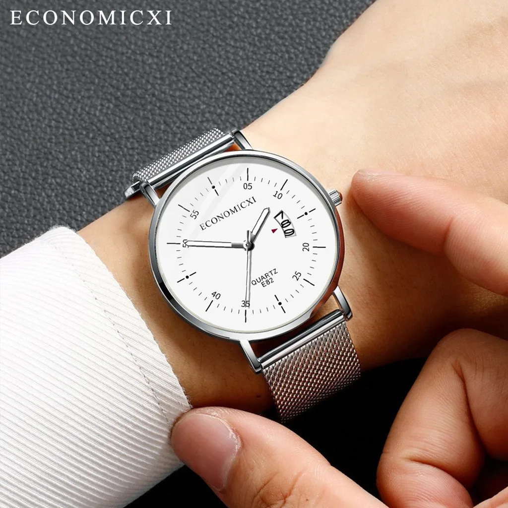 

ECONOMICXI Fashion Simple Brand Men Watch Stainless Steel Strap Dark Light Small Dial Men's Clock Quartz Wrist Watches relogio