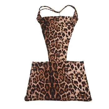

Sexy Leopard Deep V Neck Halter Backless Night Club Mini Dress