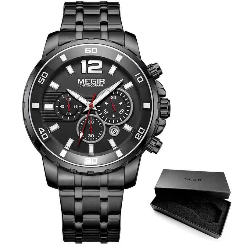 M2068-Black MEGIR Мужские кварцевые часы Аналоговые кварцевые наручные часы для мужчин ремешок из нержавеющей стали светящиеся стрелки водонепроницаемые 2068G-BK-1 - Цвет: M2068-Black