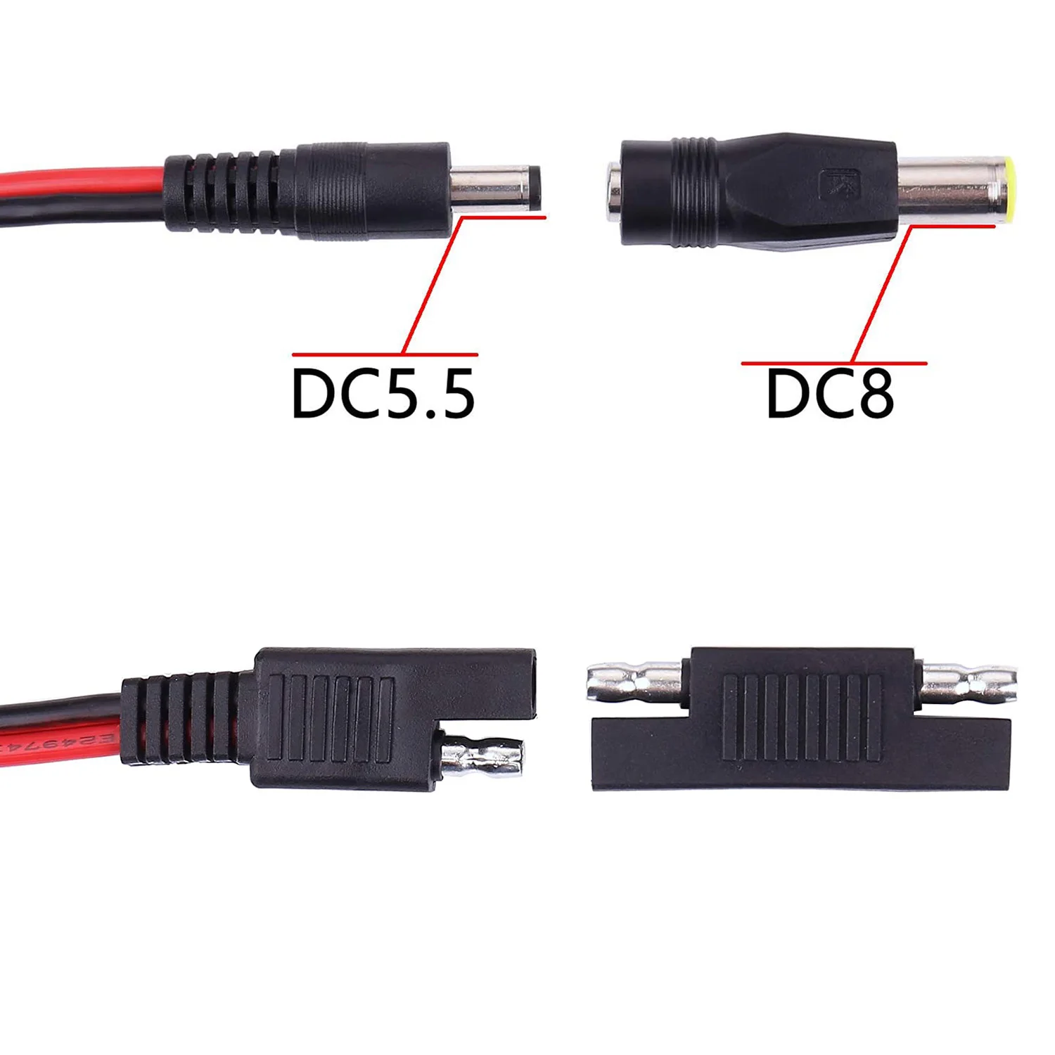 DC 5.5mm x 2.1mm Male To SAE Plug Cables SAE Polarity Reverse & DC 8mm Adapter 14AWG 2ft/60cm For Automotive RV Solar Panel