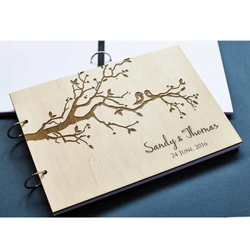 

Engraved Lovely Birds on the Tree Wedding Guest Book Album Wooden Guestbook for Wedding Guest Signature Rustic Wedding Decor