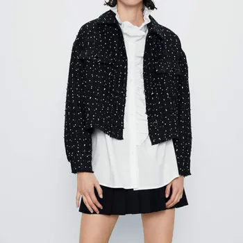 

2020 Women Fashion Coat Thin Black Checkered Tweed Casual Plaid Jacket Outerwear Button Short Tassel Womens Tops and Blouses