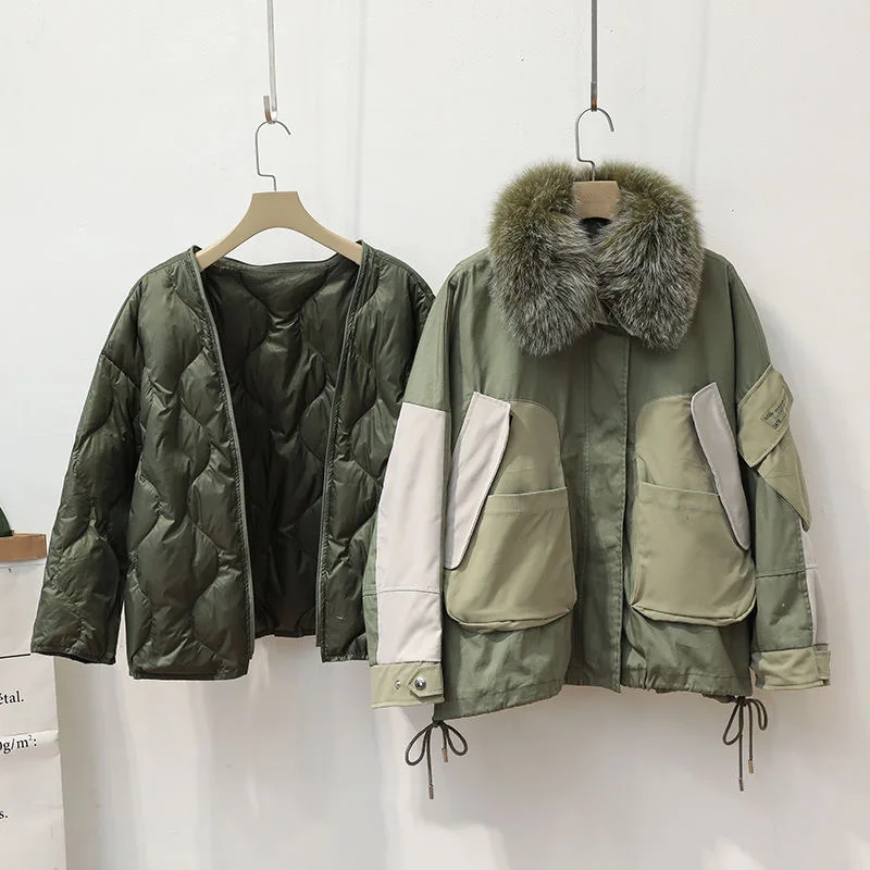 Женская куртка-бомбер из натурального Лисьего меха теплая парка большого