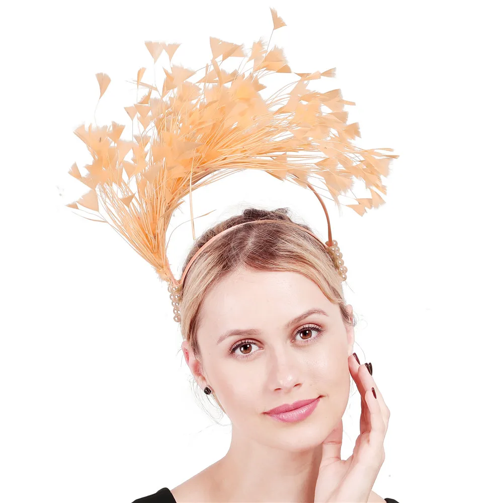 Women Headband Hair Band Nice Fascinator Swan Masquerade Fancy Feather Headband Hair Hoop Fascinator Hair Accessories gorgeous - Цвет: PEACH