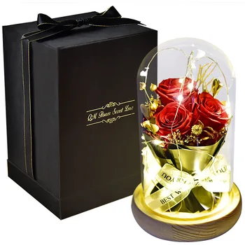 

Eternal Rose Flower with Love Glass Black Case Artificial Gift for New Year Valentine Christmas Gif Good Home Decoration