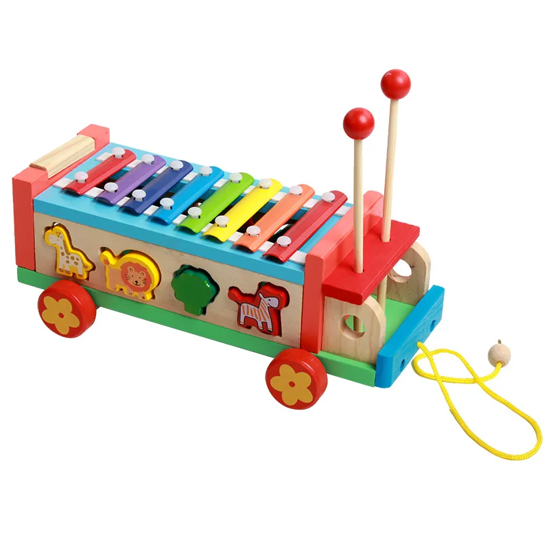 Деревянная мама стерео Животное стук фортепиано Форма соответствия Drag Музыкальная Коробка автомобиль детские развивающие игрушки смешанная партия