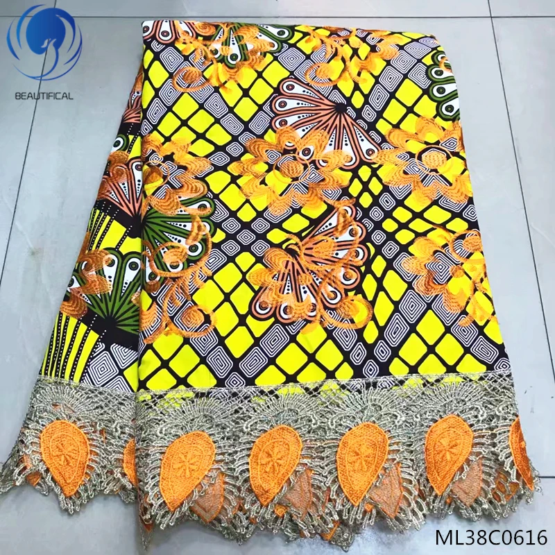 

BEAUTIFICAL yellow wax fabric african ankara african wax print fabric 6 yards/lot with guipure cord lace online ML38C35