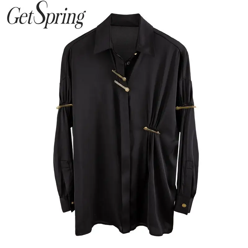 GetSpring Women Shirt Long Sleeve Loose Long Women Blouse Wrinkles Pin Irregular Ladies Tops Fashion Black Shirt Autumn New