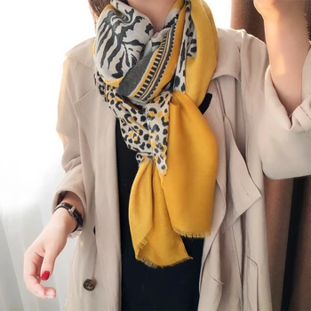 

KYQIAO women boho yellow head scarf women winter scarf female autumn winter Spain style long yellow leopard scarf neckerchief