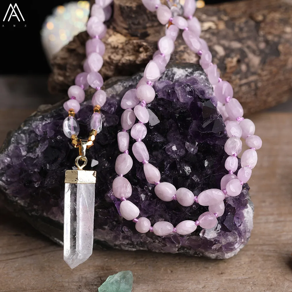 Natürliche Weiße Quarz Freeform Punkt Anhänger Kunzit Kristall Unregelmäßigen Chip Perlen Schnur Verknotet Mala Handgemachte Halskette Schmuck