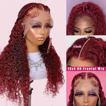 34 Inch 99J Burgundy Deep Wave Lace Front Wig Red Colored Curly Human Hair Lace Frontal