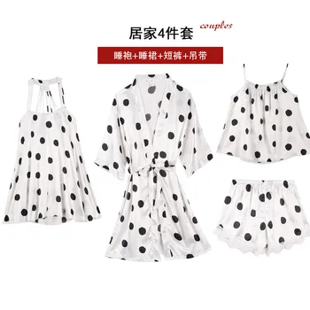 

White Women Satin Sleepwear 4 Pieces Pyjamas Sexy Lace Pajamas Sleep Lounge Pijama Silk Night Pyjama Home Clothing Pajama Suit