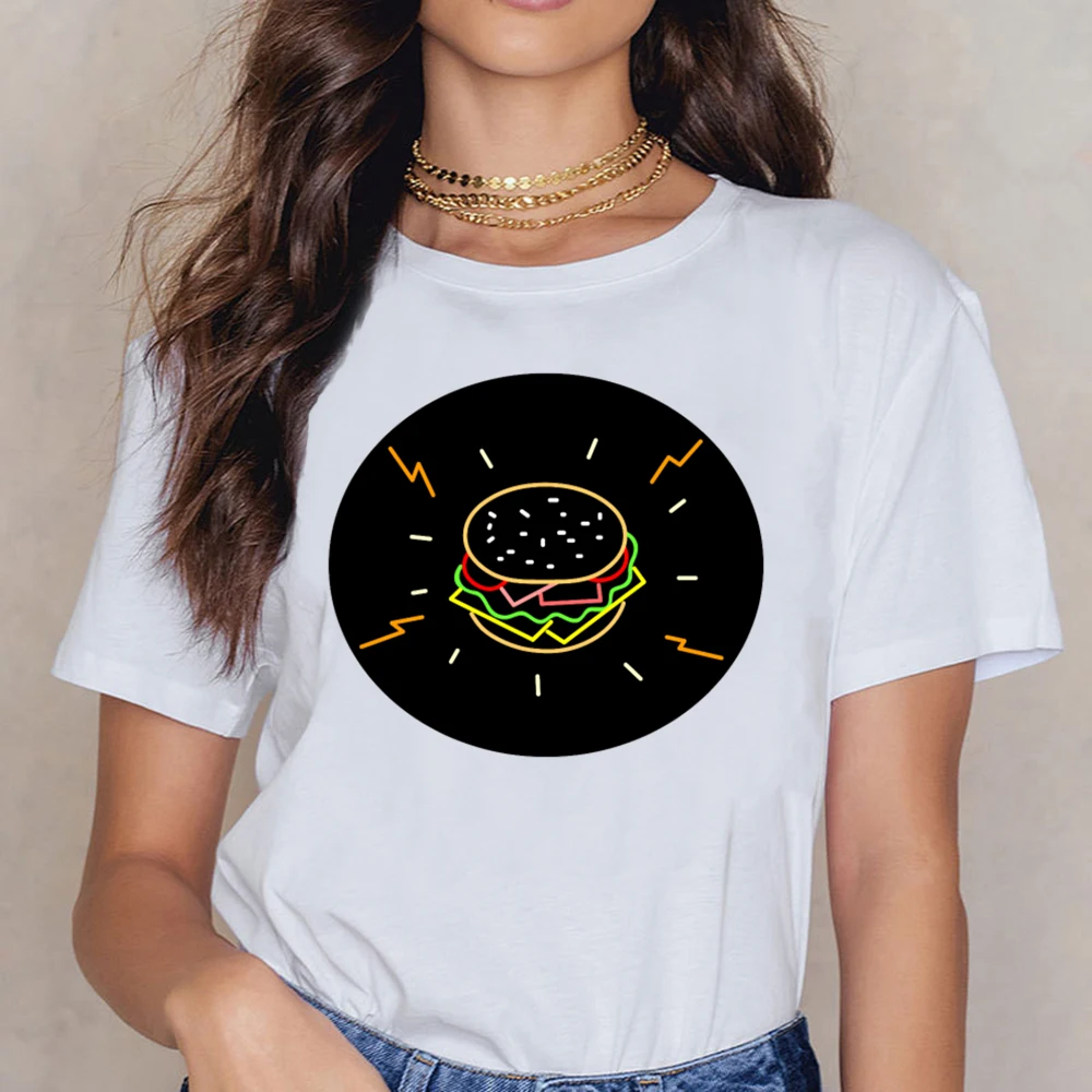 Tops T Shirt Women Cheeseburger Retro Neon Sign Oval Summer Harajuku Custom Female | Женская одежда