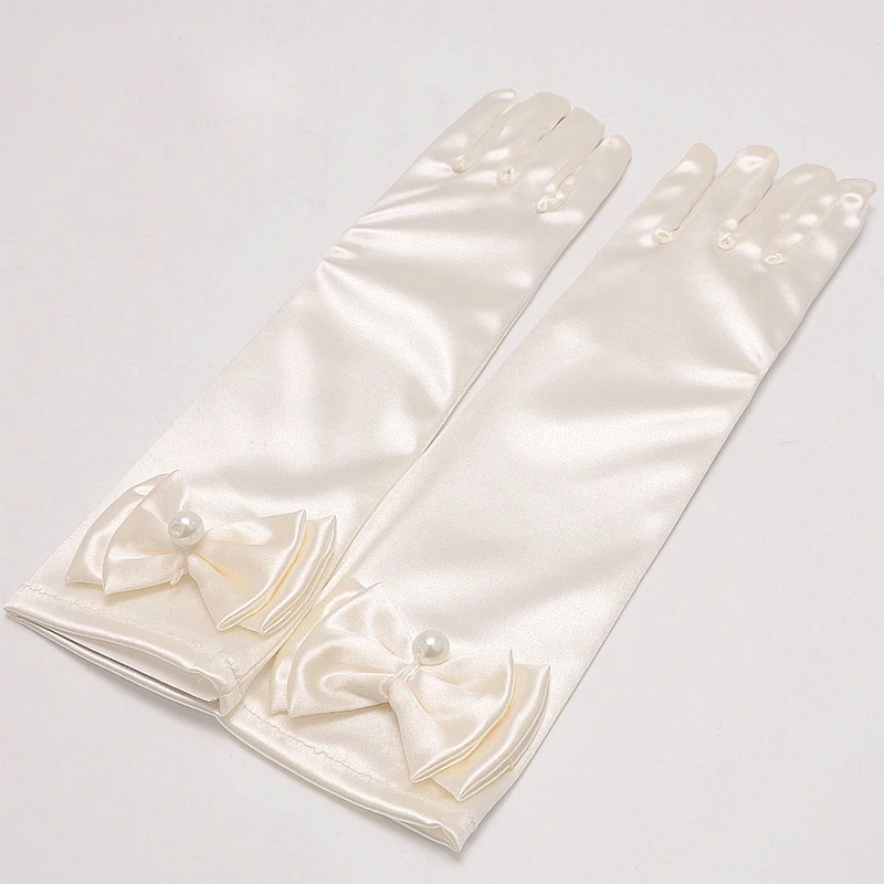 Длинные Сатиновые перчатки для девочек, защита от солнца, вечерние, растягивающиеся, с цветочным узором, милое платье, аксессуары, церемониальные перчатки с бантом и жемчугом - Цвет: Бежевый