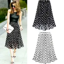 Лето весна женские шифоновые в горошек юбка женский черный горошек комплект пуловер+ кожаная юбка Пляжная А-силуэт плюс размер DF210