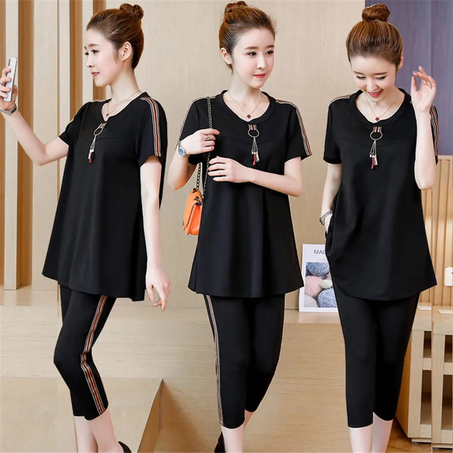 women 2 piece sets 2022 plus size large outfit tracksuit pant and top co-ord set xxxl 4xl 5xl summer black female clothes |