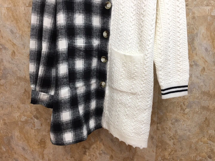 Осень и зима новая женская Свободная вязанная куртка с отворотом сшитая однобортная клетчатая 1028