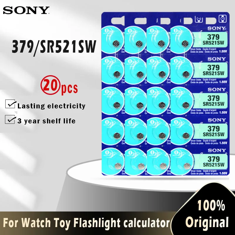 20PCS Original SONY 379 SR521SW AG0 D379 SR63 V379 1.55V Silver oxide Button Coin Cell Batteries For watch toy MADE IN JAPAN | Электроника