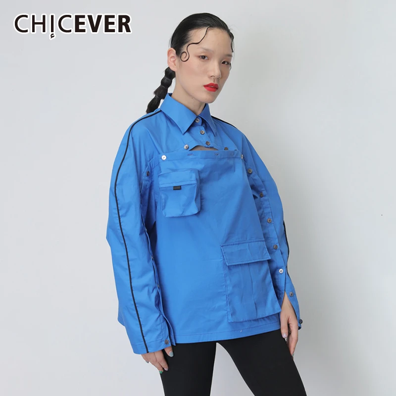 

CHICEVER Korean Women's Shirts Lapel Collar Long Sleeve Pocket Button Large Size Blouse Female 2019 Autumn Fashion New