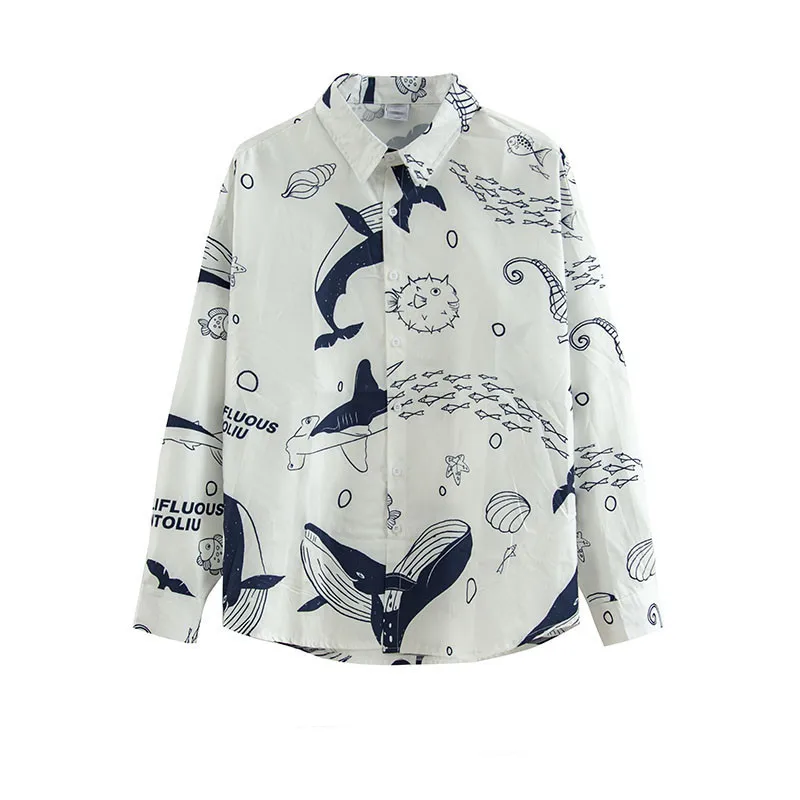 

Новинка 2021, Мужская Осенняя рубашка в стиле ретро с длинным рукавом и принтом Кита, модные красивые Свободные повседневные Молодежные универсальные топы, индивидуальная Мода