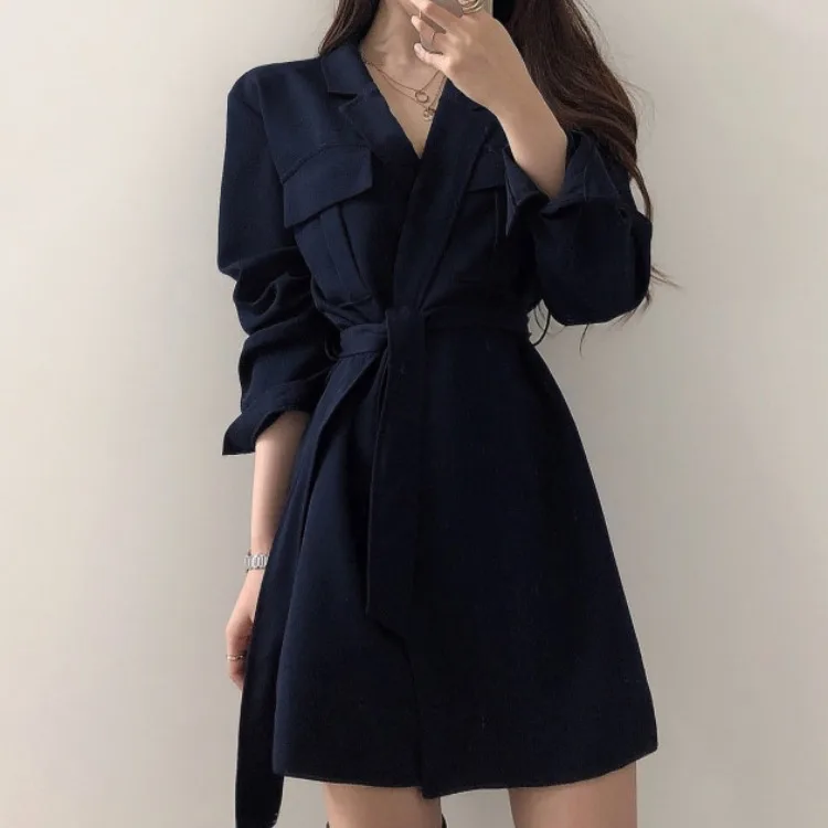 

South Korea CHIC Autumn Retro Elegant Suit Collar One-Button Lace-up Waist Hugging Middle Long Coat Dress Women's