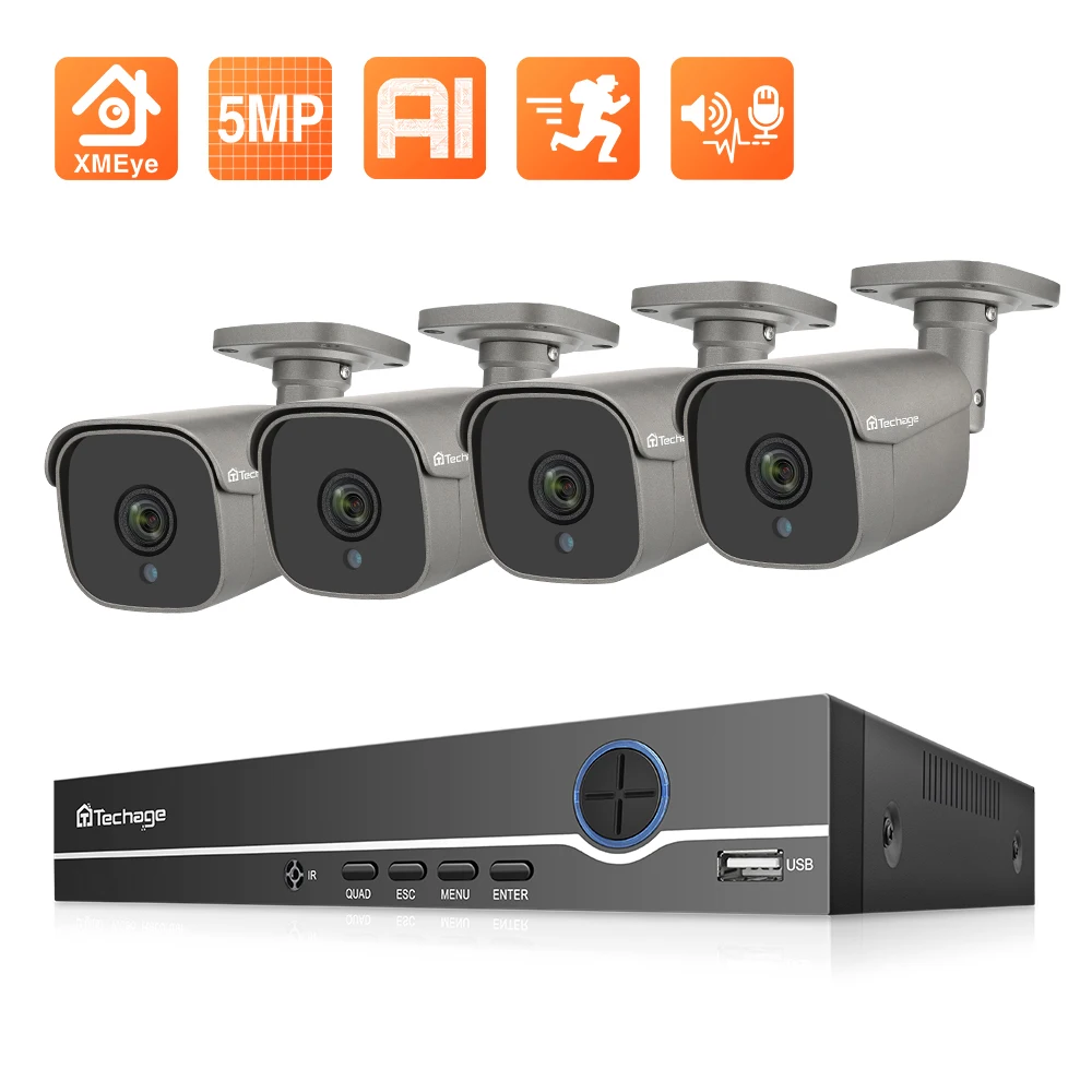 Techage 4CH 5MP POE NVR комплект Ai IP камера система двухстороннее аудио тело человека